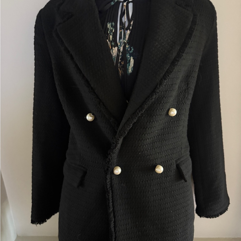 Vici Black Textured Tweed Blazer with Pearl Buttons